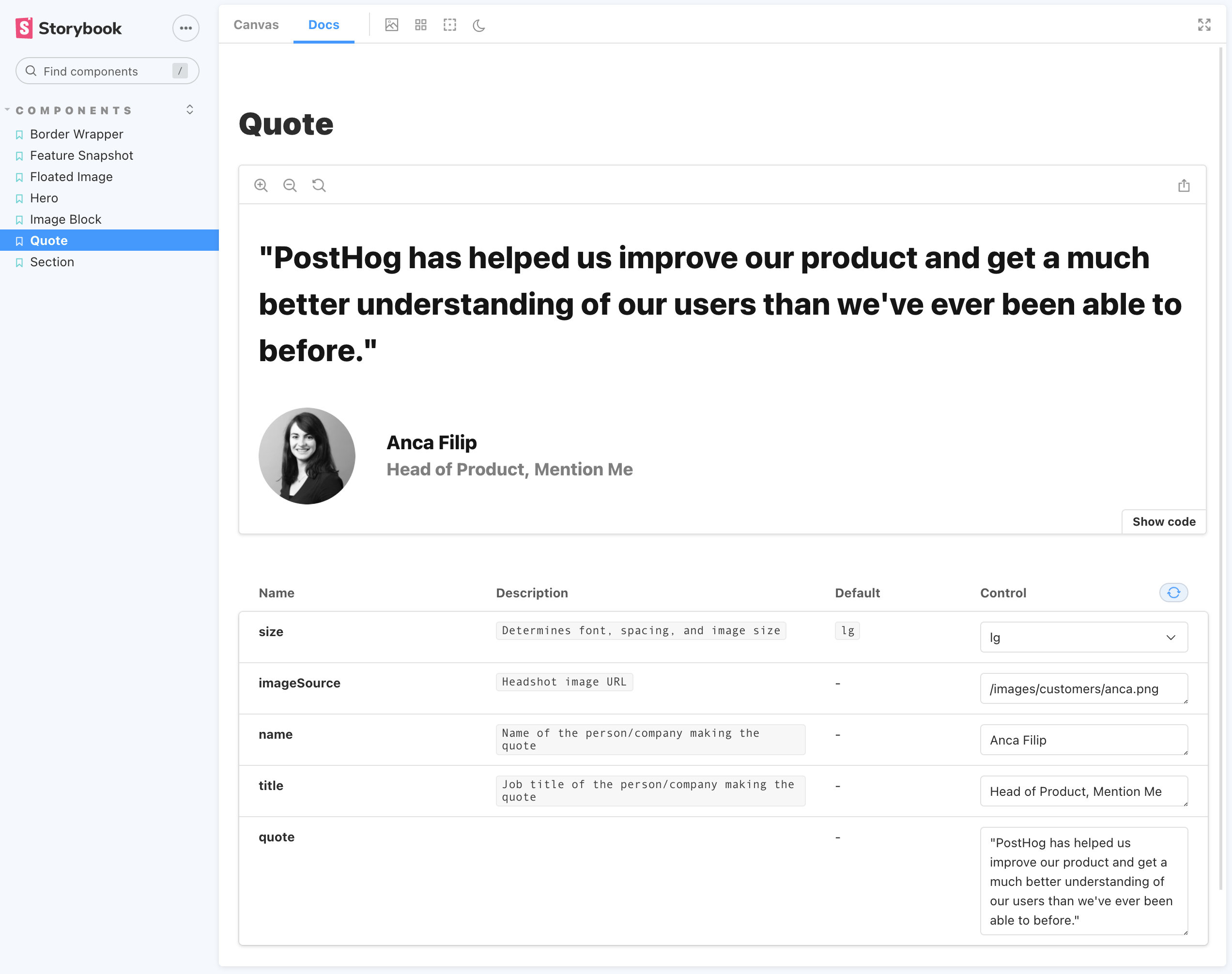 Storybook quote example - docs